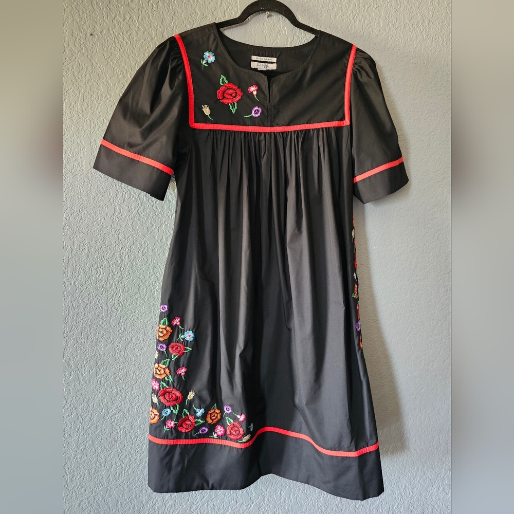 Black Embroidered Floral Girls' Dress with Red Trim